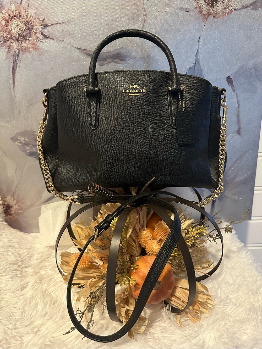Coach Black Leather Satchel with Gold Chain Accent